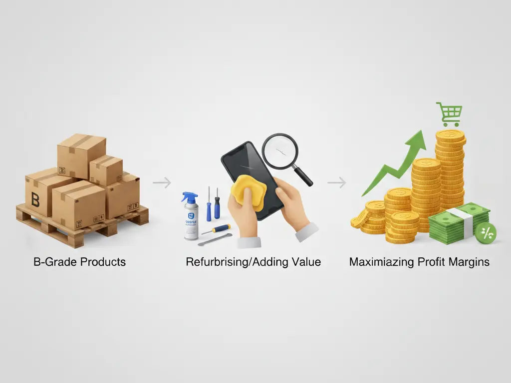 An image showing steps of smart sourcing of b grade products and earning revenue from it.